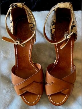 Tory Burch Tan Leather Crossover Ankle-Strap Heels